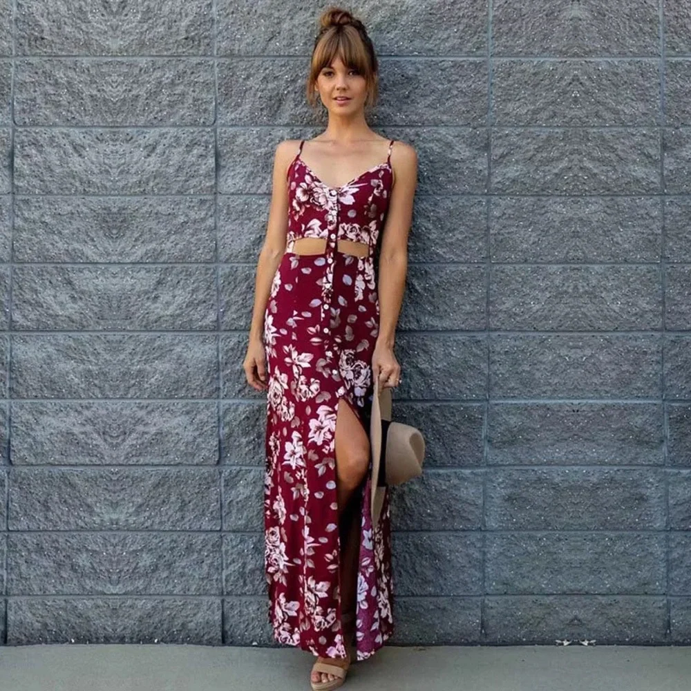 Open Cutout Midriff Bold Burgundy Floral Chiffon Maxi Dress - Picture 2 of 4